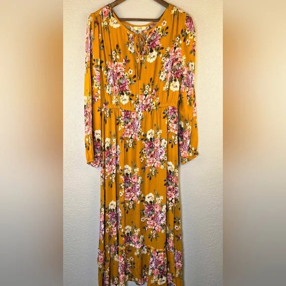 KORI America Boutique Floral Golden Yellow Dress Boho Romantic Tie-Neck ā Size L - Picture 8 of 17